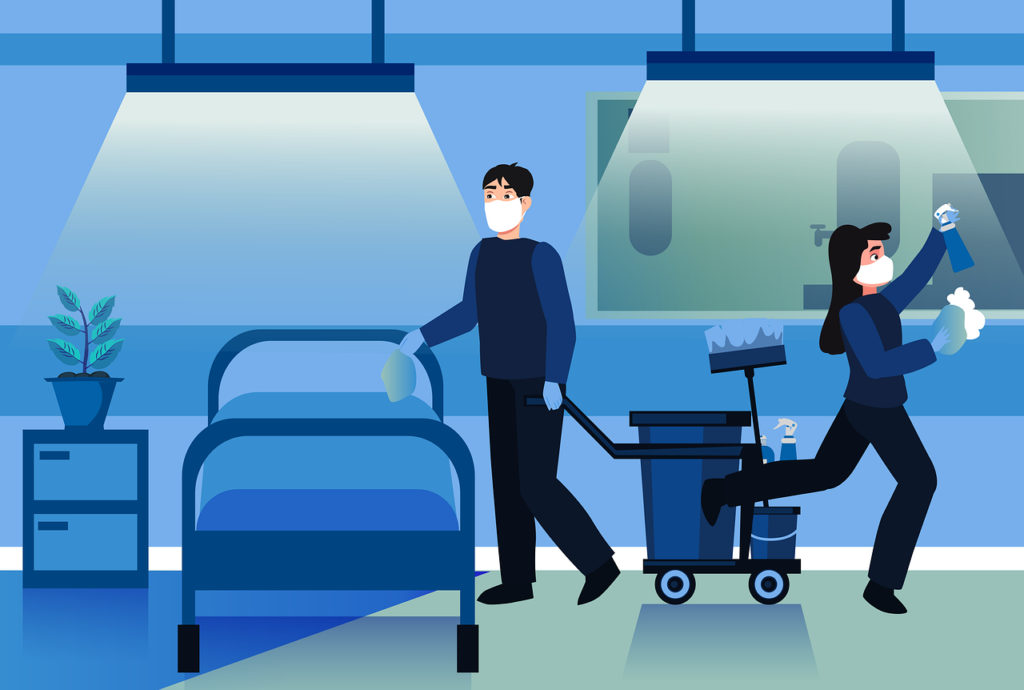 Professional cleaning team sanitizing a modern indoor space with advanced equipment, illustrating the effectiveness of the Rainbow Cleaning System for allergen removal.