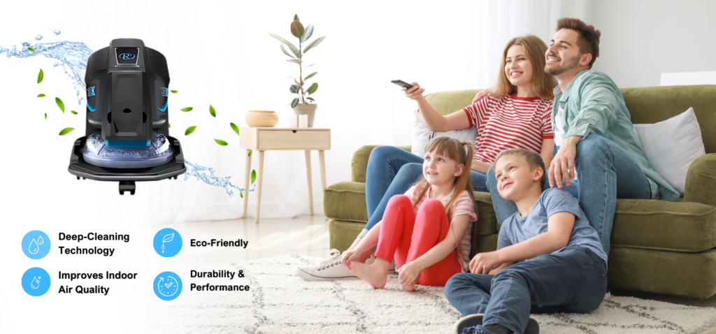 A family sits on a green sofa watching TV, while a robotic vacuum cleans the floor. Icons highlight features: deep-cleaning, air quality, eco-friendly, and durability.